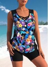 Black Floral Print Cross Strap Tankini Set
