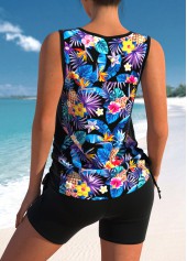 Black Floral Print Cross Strap Tankini Set