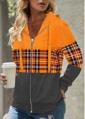 Orange Plus Size Zipper Tartan Print Hoodie