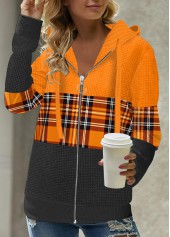 Orange Plus Size Zipper Tartan Print Hoodie