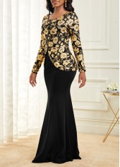 Floral Print Hot Stamping Black Maxi Dress