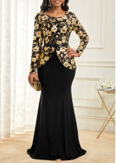 Floral Print Hot Stamping Black Maxi Dress