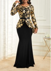 Floral Print Hot Stamping Black Maxi Dress