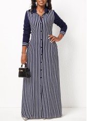Striped Long Sleeve White Pocket Maxi Dress