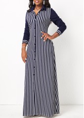 Striped Long Sleeve White Pocket Maxi Dress
