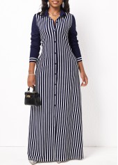 Striped Long Sleeve White Pocket Maxi Dress