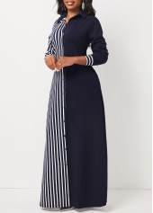 Striped Pocket Navy H Shape Maxi Dress