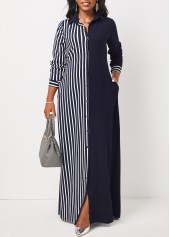 Striped Pocket Navy H Shape Maxi Dress