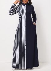 Striped Pocket Navy H Shape Maxi Dress