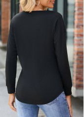 Black V Neck Long Sleeve Button T Shirt