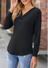 Black V Neck Long Sleeve Button T Shirt