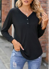 Black V Neck Long Sleeve Button T Shirt
