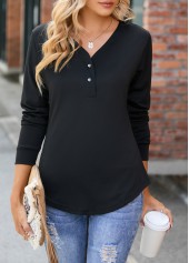 Black V Neck Long Sleeve Button T Shirt