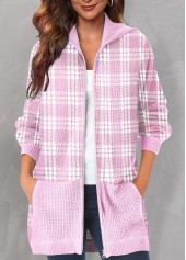 Tartan Print Pink Zipper Closure Hoodie