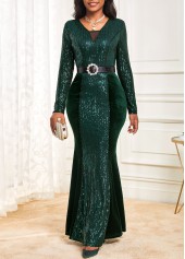 Blackish Green Square Neck Sequin Maxi Dress