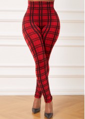 Plaid Red Elastic Waist High Waisted Leggings