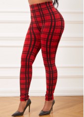 Plaid Red Elastic Waist High Waisted Leggings