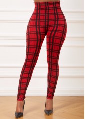 Plaid Red Elastic Waist High Waisted Leggings