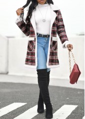 Plaid Pocket Black Lapel Long Sleeve Coat