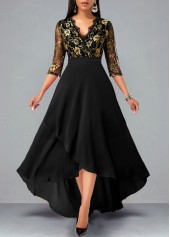 Floral Lace Patchwork High Low Black Dress