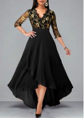 Floral Lace Patchwork High Low Black Dress