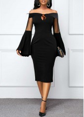 Off Shoulder Flare Sleeve Black Mesh Dress