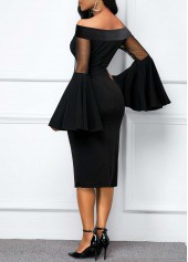 Off Shoulder Flare Sleeve Black Mesh Dress