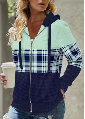 Plaid Zipper Mint Green Long Sleeve Hoodie
