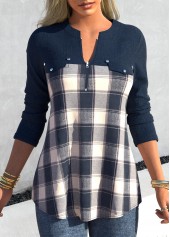 Tartan Print Zipper Denim Blue Split Neck Blouse
