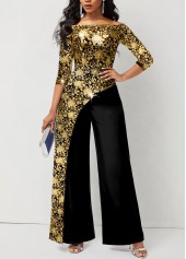 Floral Print Hot Stamping Golden Jumpsuit