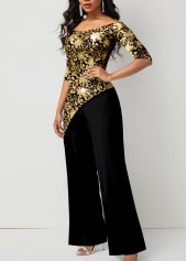 Floral Print Hot Stamping Golden Jumpsuit