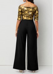 Floral Print Hot Stamping Golden Jumpsuit