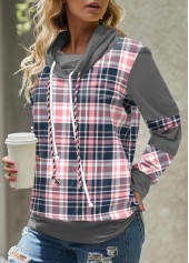 Pink Plus Size Tartan Print Regular Sleeve Sweatshirt
