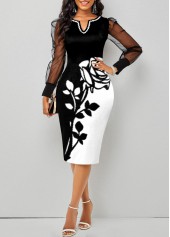 Mesh Stitching Black Floral Print Dress