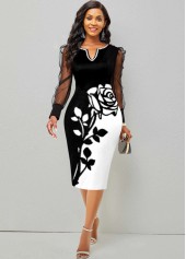 Mesh Stitching Black Floral Print Dress