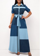 Geometric Print Contrast Belted Blue Maxi Dress