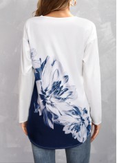 Floral Print Navy V Neck Drop Sleeve Blouse
