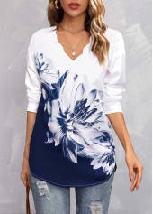 Floral Print Navy V Neck Drop Sleeve Blouse