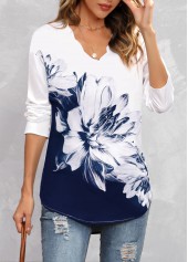 Floral Print Navy V Neck Drop Sleeve Blouse