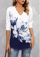 Floral Print Navy V Neck Drop Sleeve Blouse