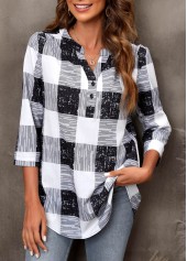 Black Plus Size Plaid Roll Up Sleeve Blouse
