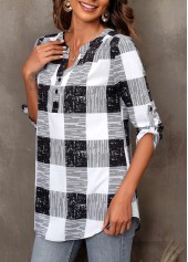 Black Plus Size Plaid Roll Up Sleeve Blouse