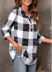 Black Plus Size Plaid Roll Up Sleeve Blouse