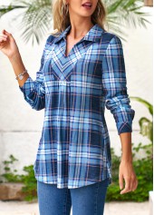 Blue Plus Size Tartan Print Regular Sleeve Blouse