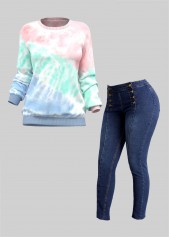 Tie Dye Print Ombre Long Sleeve Pink Sweatshirt