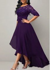 Lace Patchwork Half Sleeve Purple Dress