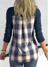 Tartan Print Zipper Denim Blue Split Neck Blouse