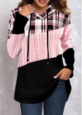 Pink Plus Size Tartan Print Regular Sleeve Hoodie