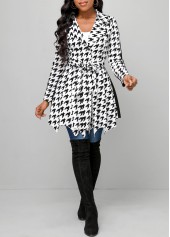 Houndstooth Print Button Belted Black Lapel Coat