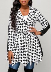 Houndstooth Print Button Belted Black Lapel Coat